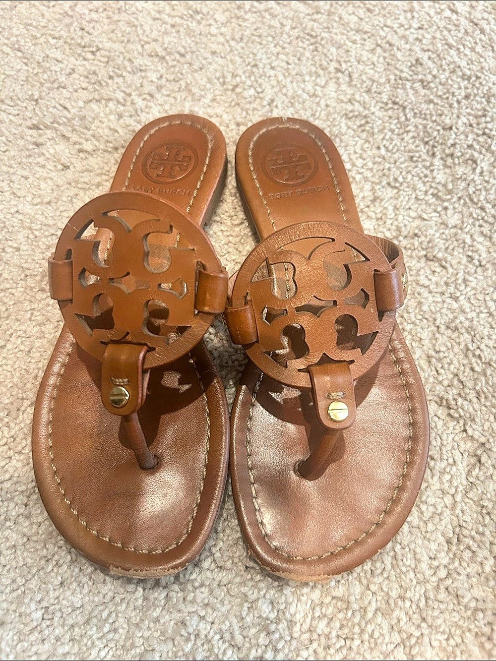 Tory Burch Miller Leather Sandal Brown Logo Sandals size 6.5